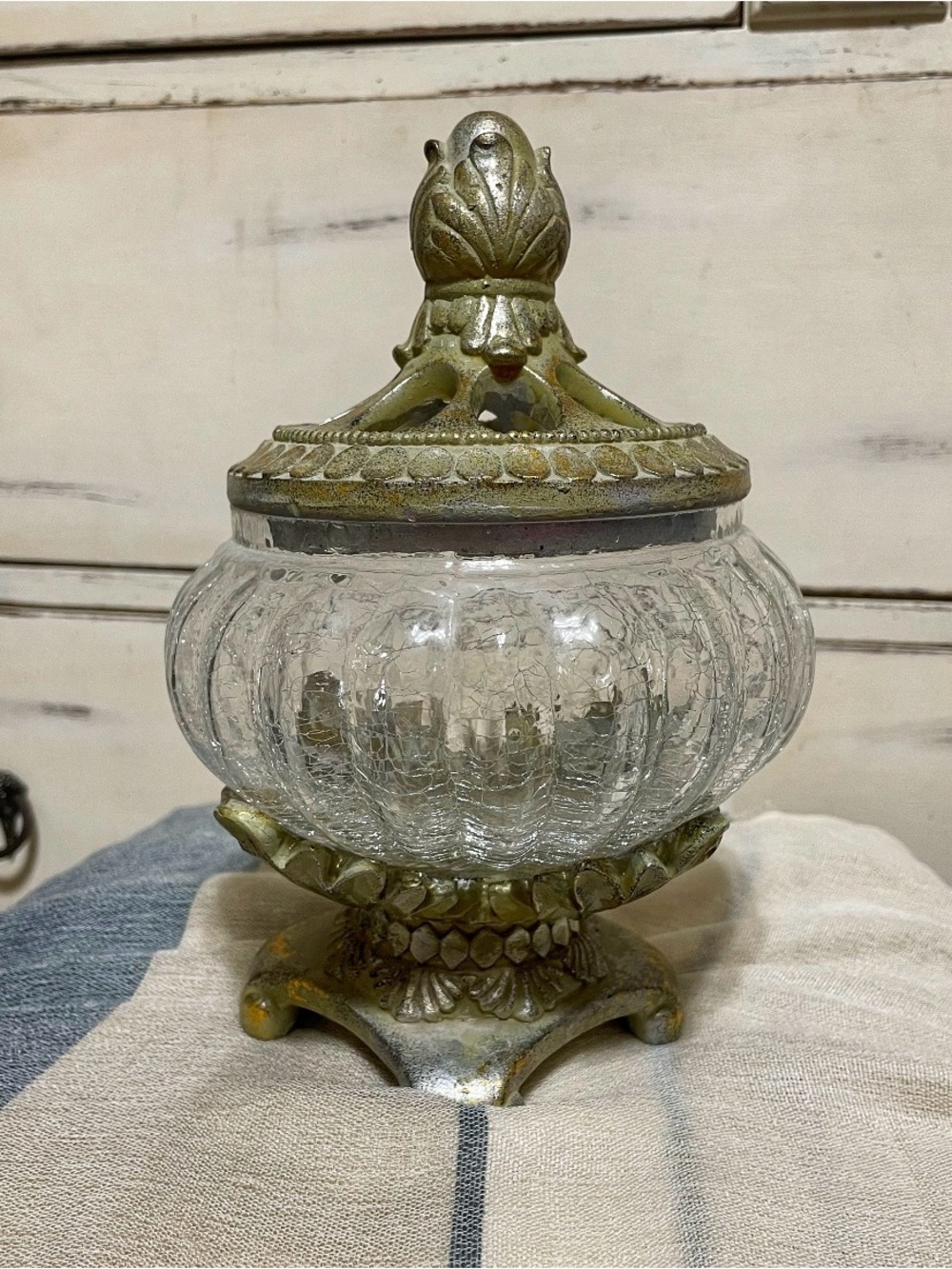 Vintage Crackle Glass Lidded Bowl – Ornate Gold-Tone Metal Accents